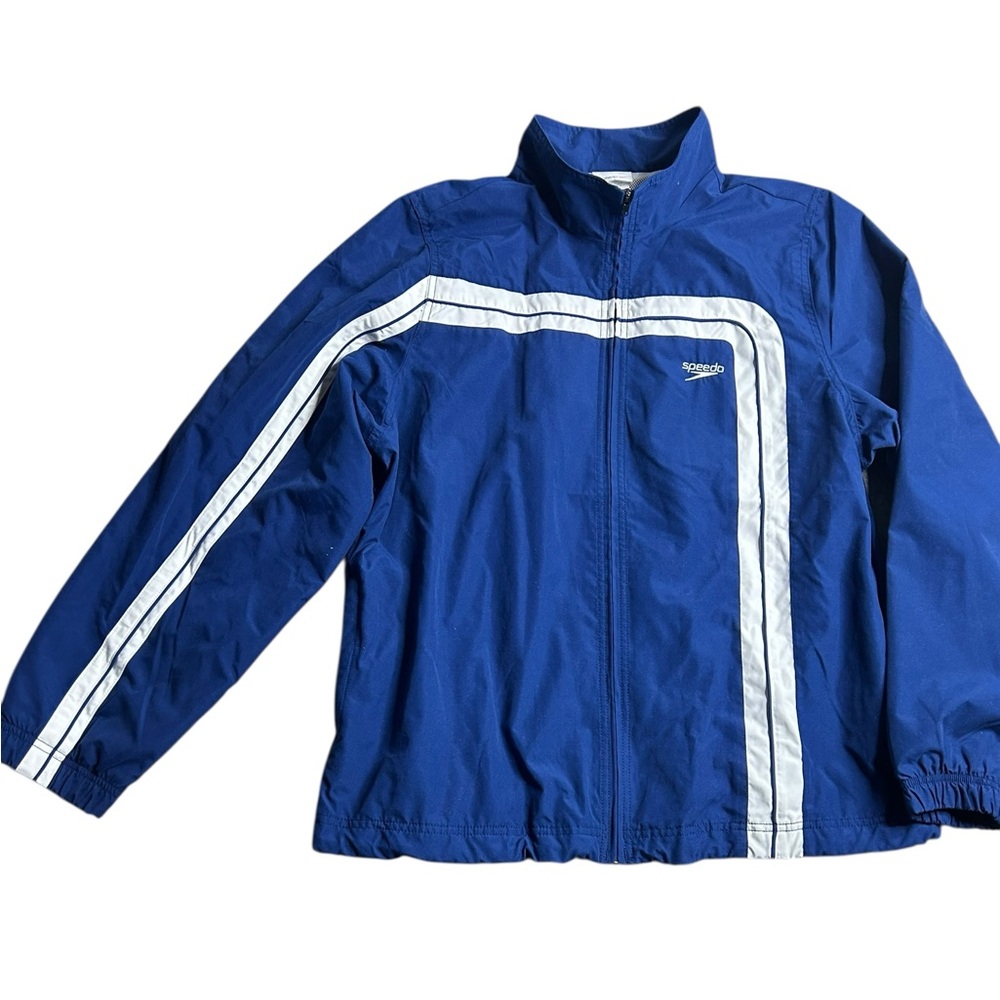 Speedo Full Zip Windbreaker Swim Team Jacket‎ Blue White Stripe Men’s XL